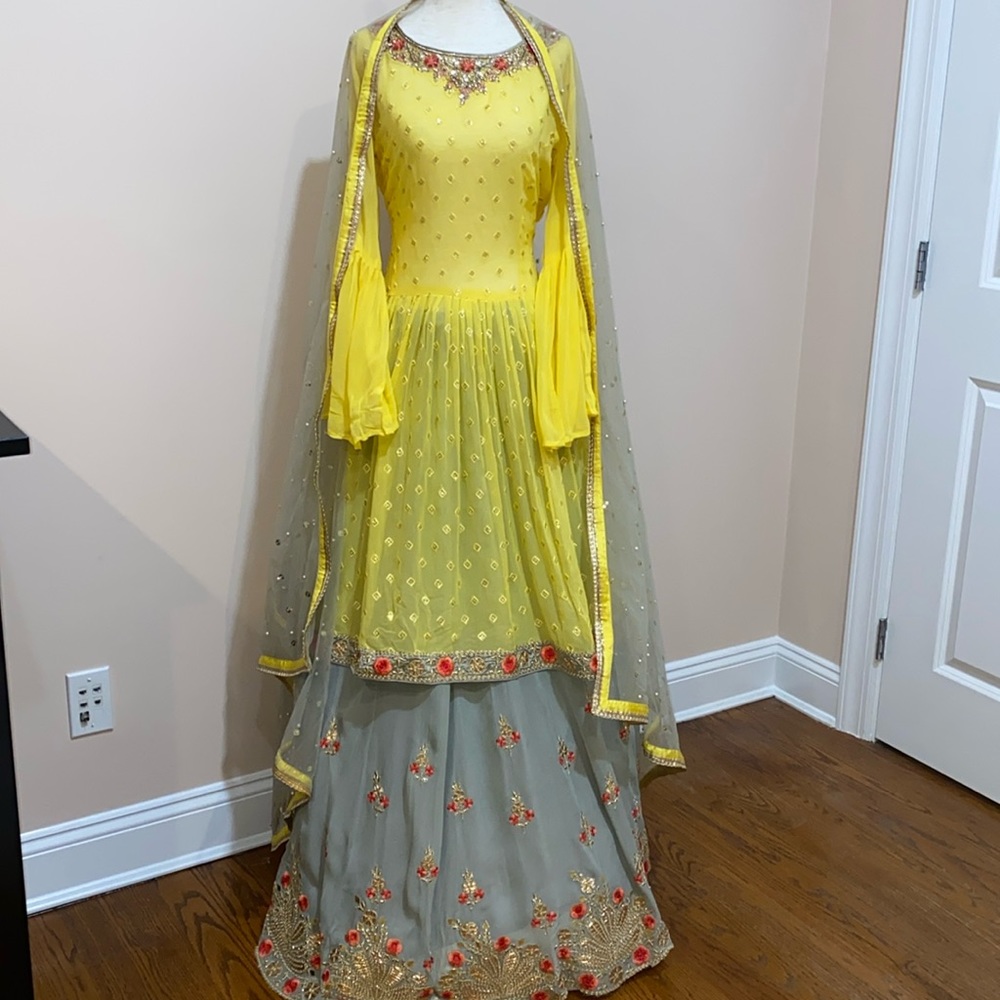 Indian Yellow and Gray Peplum Lengha Set